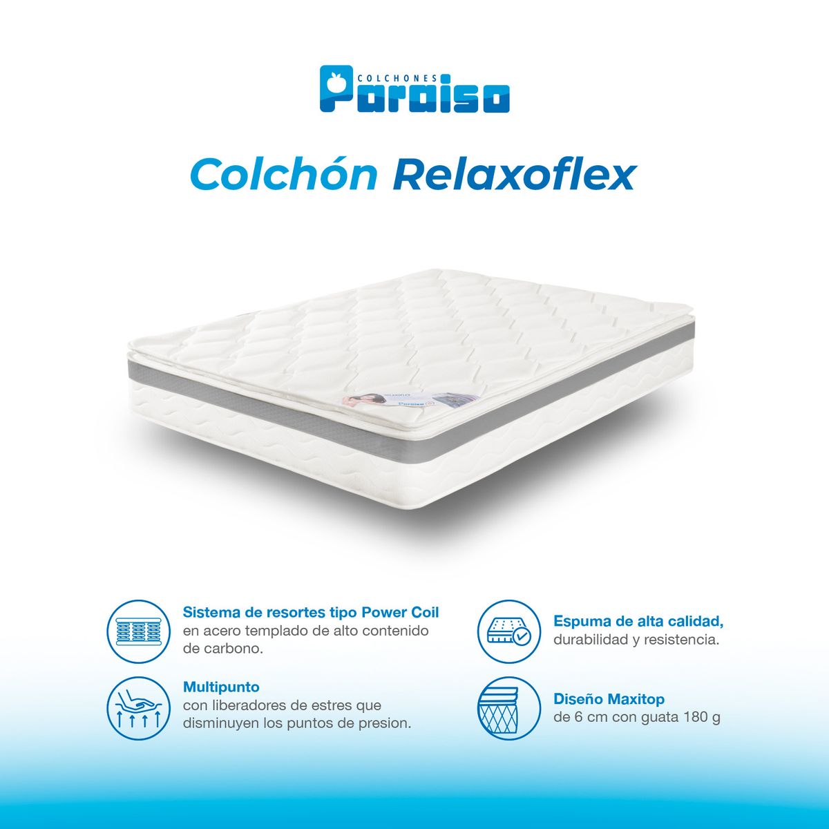 COLCHONES PARAISO - Colchón Sencillo Firmeza Media Ortopédico Resortado Relaxoflex 90 x 190 cm Paraiso