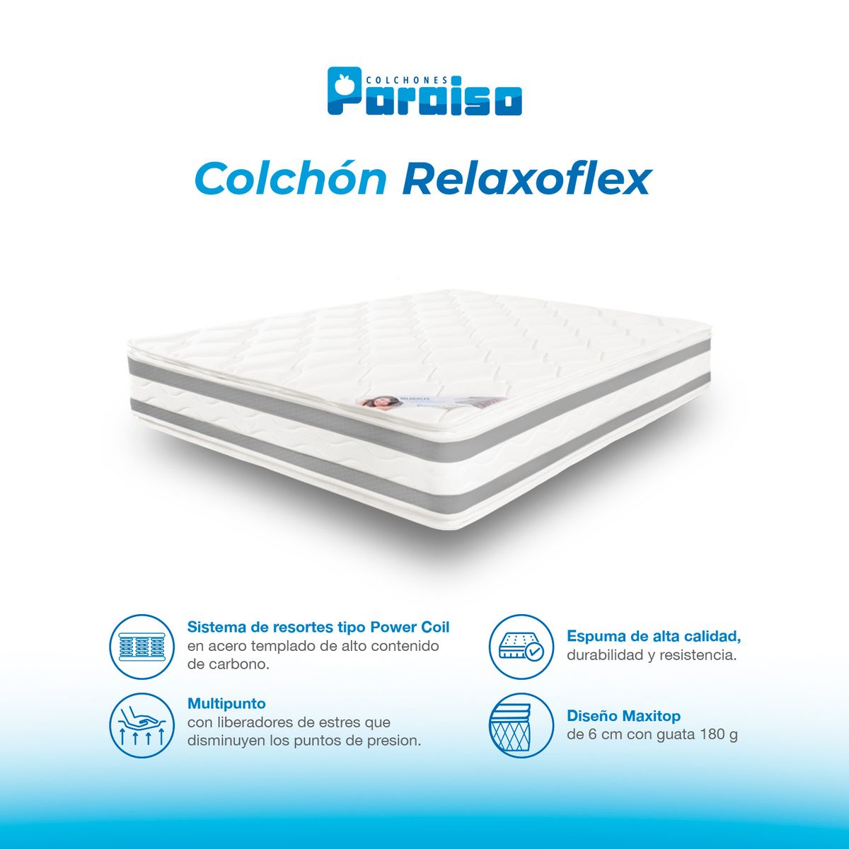 COLCHONES PARAISO - Colchón Sencillo Firmeza Media Ortopédico Resortado Relaxoflex 90 x 190 cm Paraiso