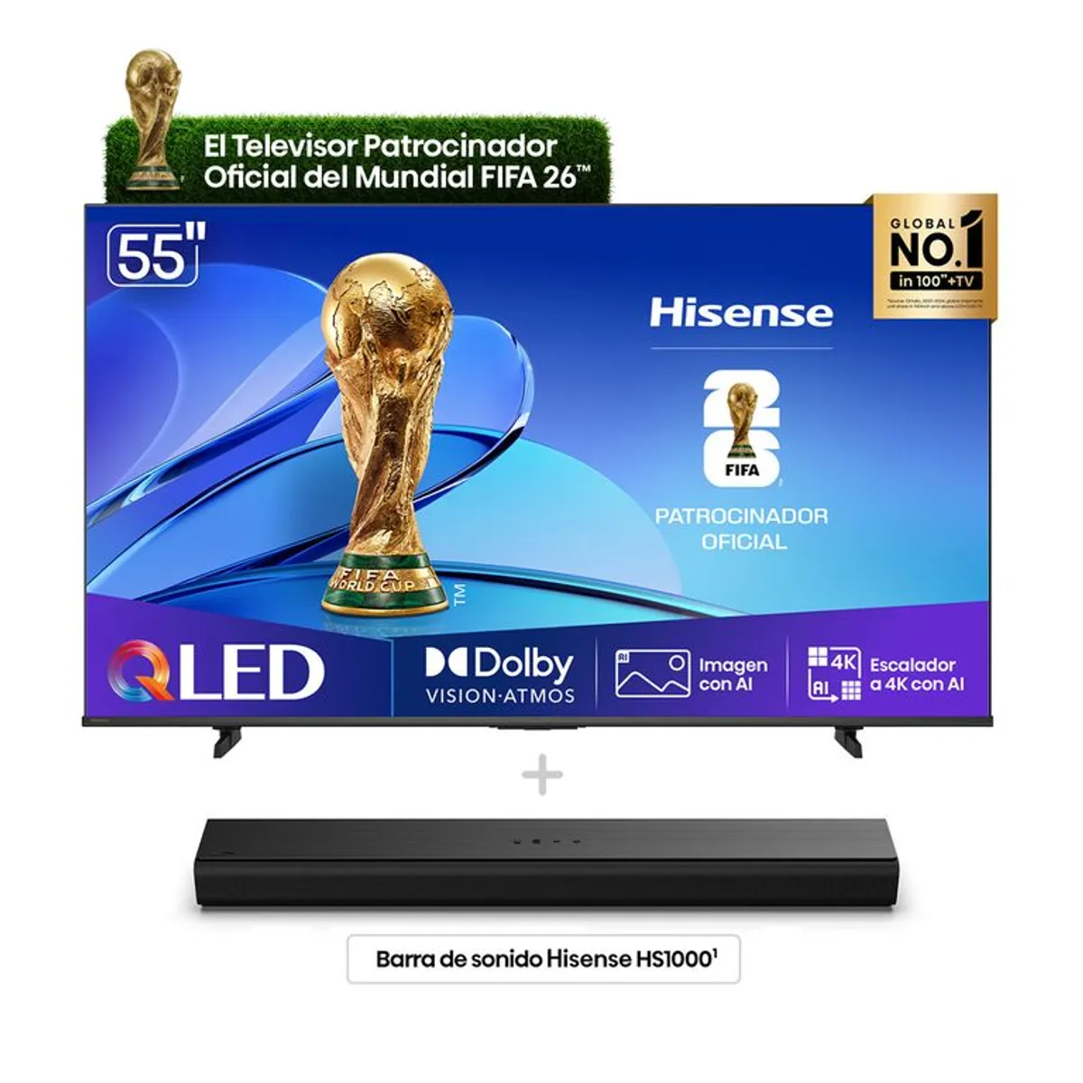HISENSE - Combo Televisor Hisense + Barra | 55 Pulgadas | Hi-QLED 4K | 55Q6QV | Barra de Sonido HS1000