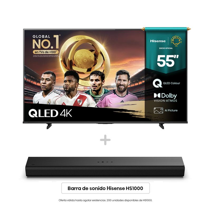 HISENSE - Combo Televisor + Barra Hisense | 55 Pulgadas QLED 4K 55Q6QV |  Barra de Sonido HS1000