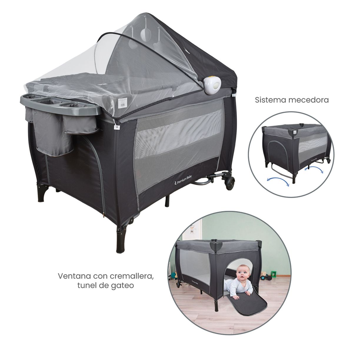 PREMIUM BABY - Corral Cuna bebé mecedora Napoles Gris Premium Baby