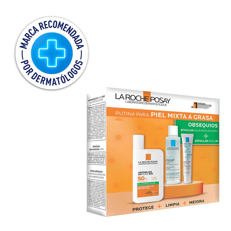 LA ROCHE POSAY - Fotoprotectores PACK ANTHELIOS OIL CONTROL FLUIDO SIN COLOR 50ML + EFFACLAR DUO+M 15ML + AGUA MICELAR 50ML La Roche Posay Incluye: 3 Productos