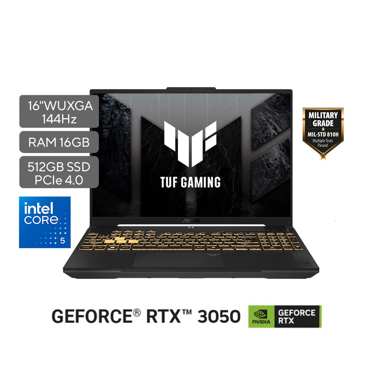 ASUS - Portátil ASUS TUF Gaming F16 | GeForce RTX 3050 | Intel Core 5 | 16GB de RAM | 512GB SSD de almacenamiento |  Windows 11 | 16 Pulgadas |FX607VJ-RL165W | Computador portátil Gamer
