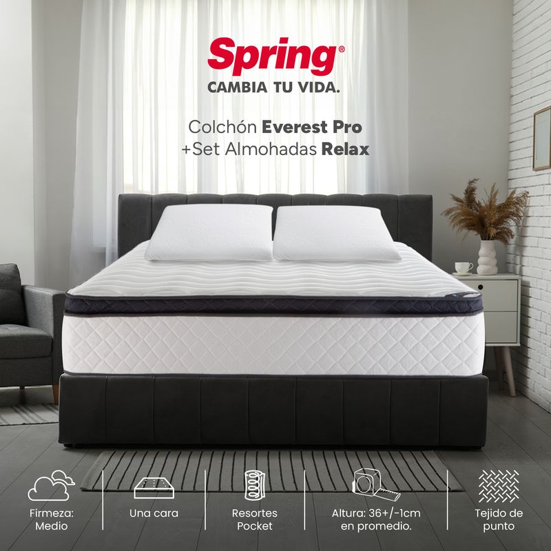 COLCHONES SPRING - Colchón Queen Firmeza Media Ortopédico con Pillow Resortado Everest Pro 160 x 190 x 36 cm + Almohada Colchones Spring