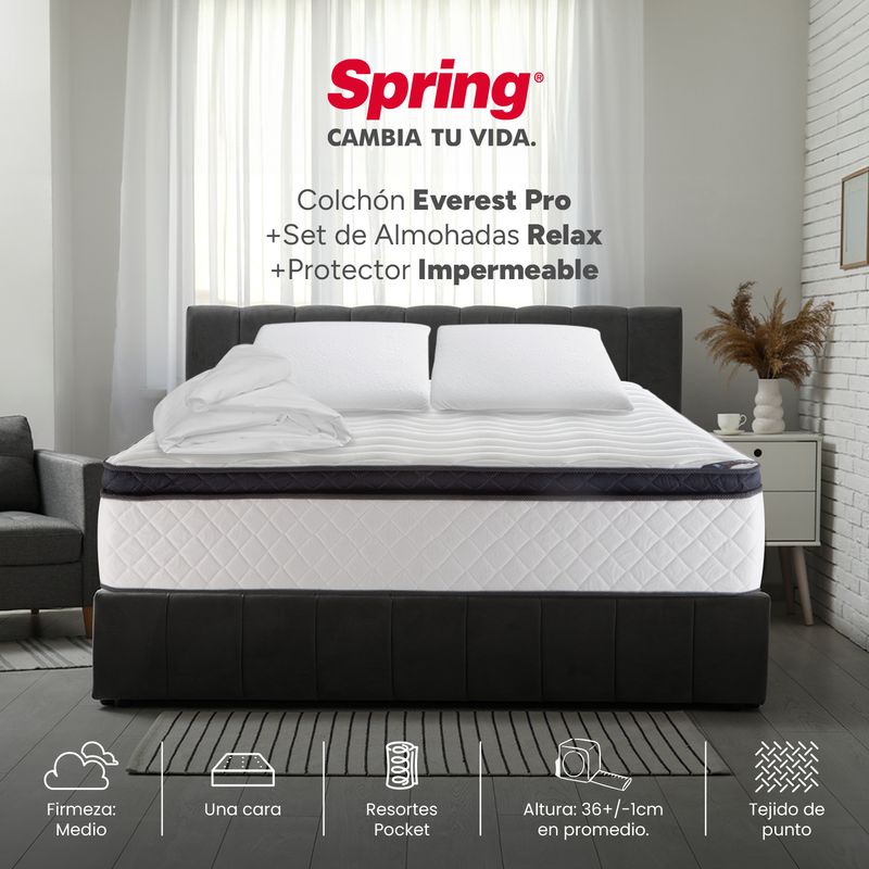 COLCHONES SPRING - Colchón Queen Firmeza Media Ortopédico con Pillow Resortado Everest Pro 160 x 190 x 36 cm + Almohada Colchones Spring