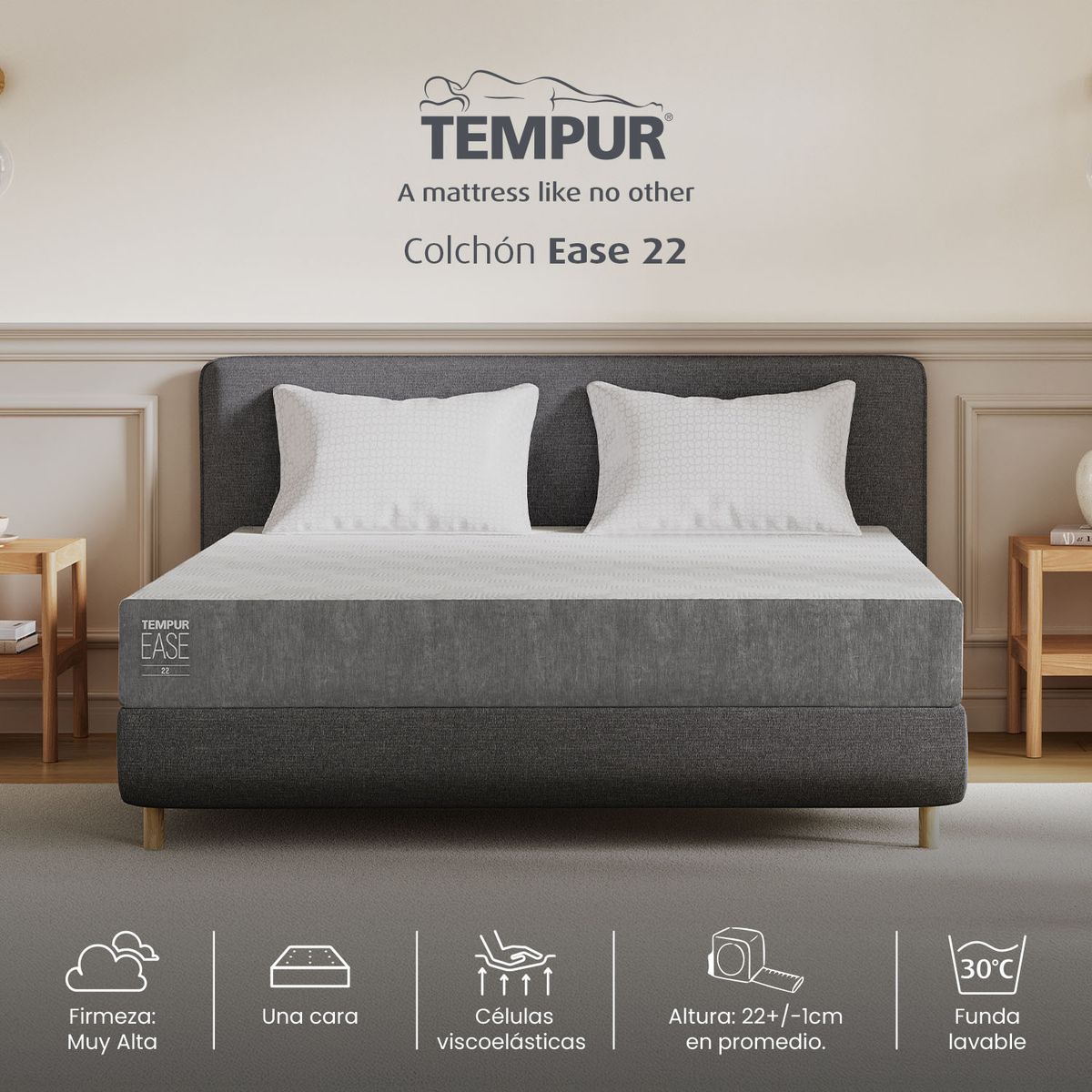 TEMPUR - Colchón Doble Firme Ortopédico Resortado EASE 22 Hybrid 140 x 190 x 22 cm Colchones Tempur
