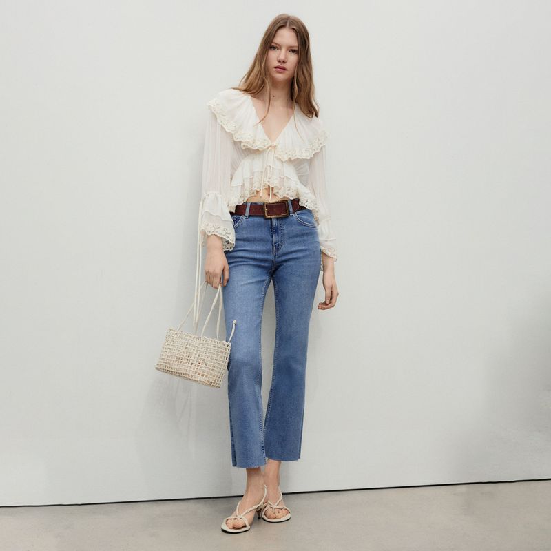 MANGO - Jean Flare Mujer Tiro medio de Algodón MANGO