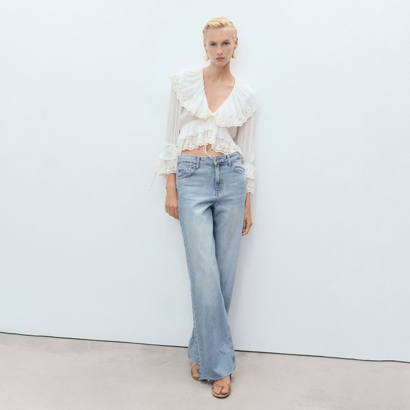 MANGO - Jean Wide leg Mujer Tiro alto de Algodón MANGO