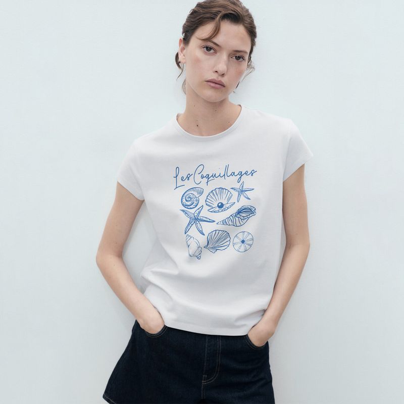 MANGO - Camiseta Mujer con Estampado Manga corta de Algodón MANGO