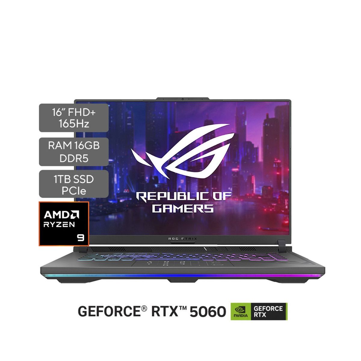 ASUS - Portátil Gamer ROG Strix G16 | GeForce RTX 5060 | AMD Ryzen 9 | 16GB de RAM | 1TB SSD de almacenamiento | Windows 11 | 16 Pulgadas | G614PM-RV010W | Computador Portátil Gamer