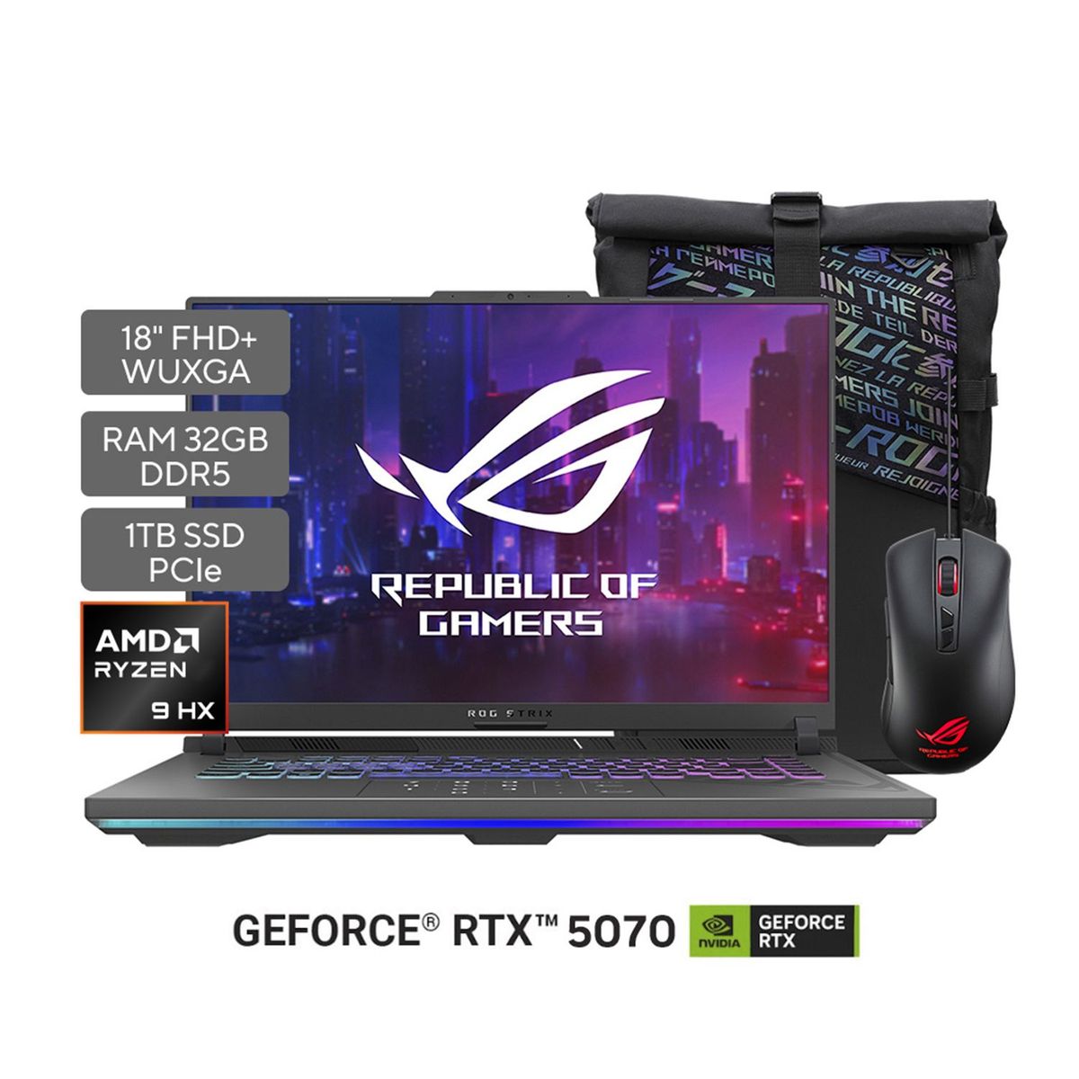 ASUS - Portátil Gamer ROG Strix G18 | GeForce RTX 5070 | AMD Ryzen 9 | 32GB de RAM | 1TB SSD de almacenamiento | Windows 11 | 18 Pulgadas | G814FP-S8044W | Computador Portátil Gamer