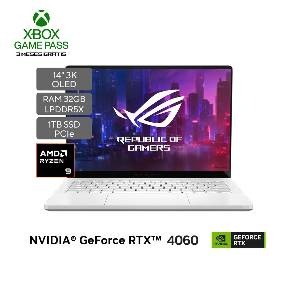 ASUS - Portátil Gamer ROG Zephyrus G14 OLED | GeForce RTX 4060 | AMD Ryzen 9 | 32GB de RAM | 1TB SSD de almacenamiento | Windows 11 | 14 Pulgadas | GA403UV-QS021W | Computador Portátil Gamer