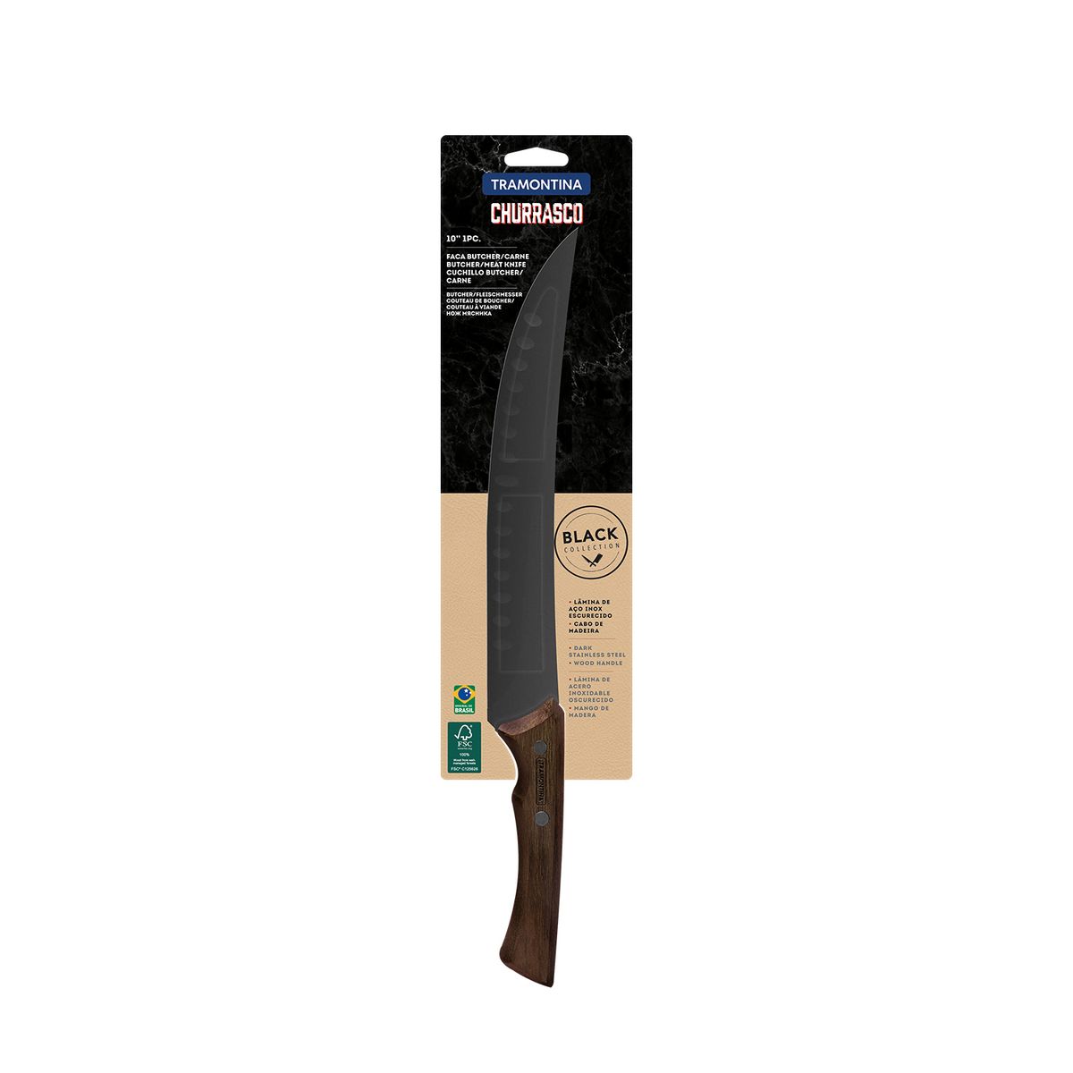 TRAMONTINA - Cuchillo 10" para carne Tramontina Churrasco Black de acero inoxidable y mango de madera