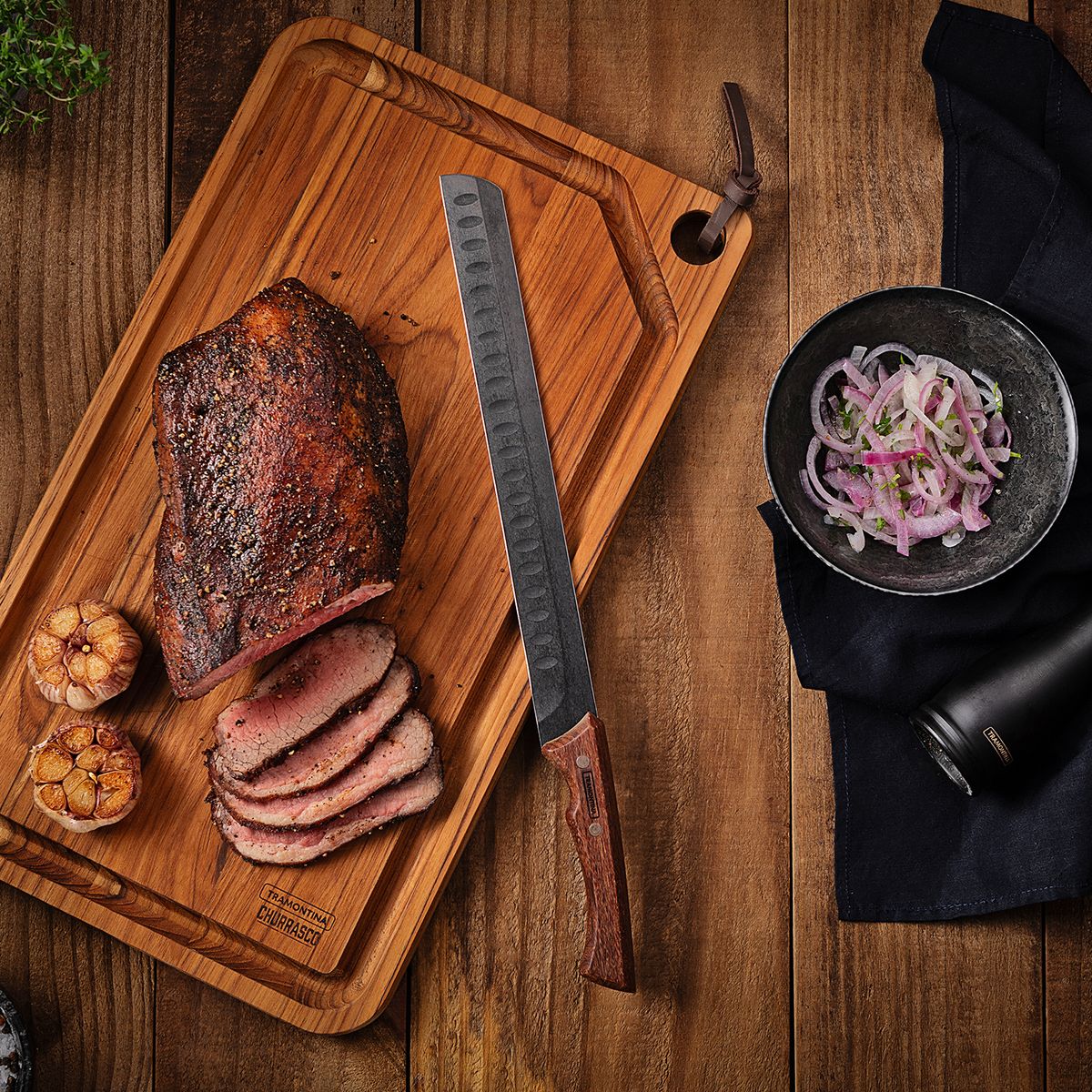 TRAMONTINA - Cuchillo 12" Rebanador Tramontina Churrasco Black de acero inoxidable y mango de madera