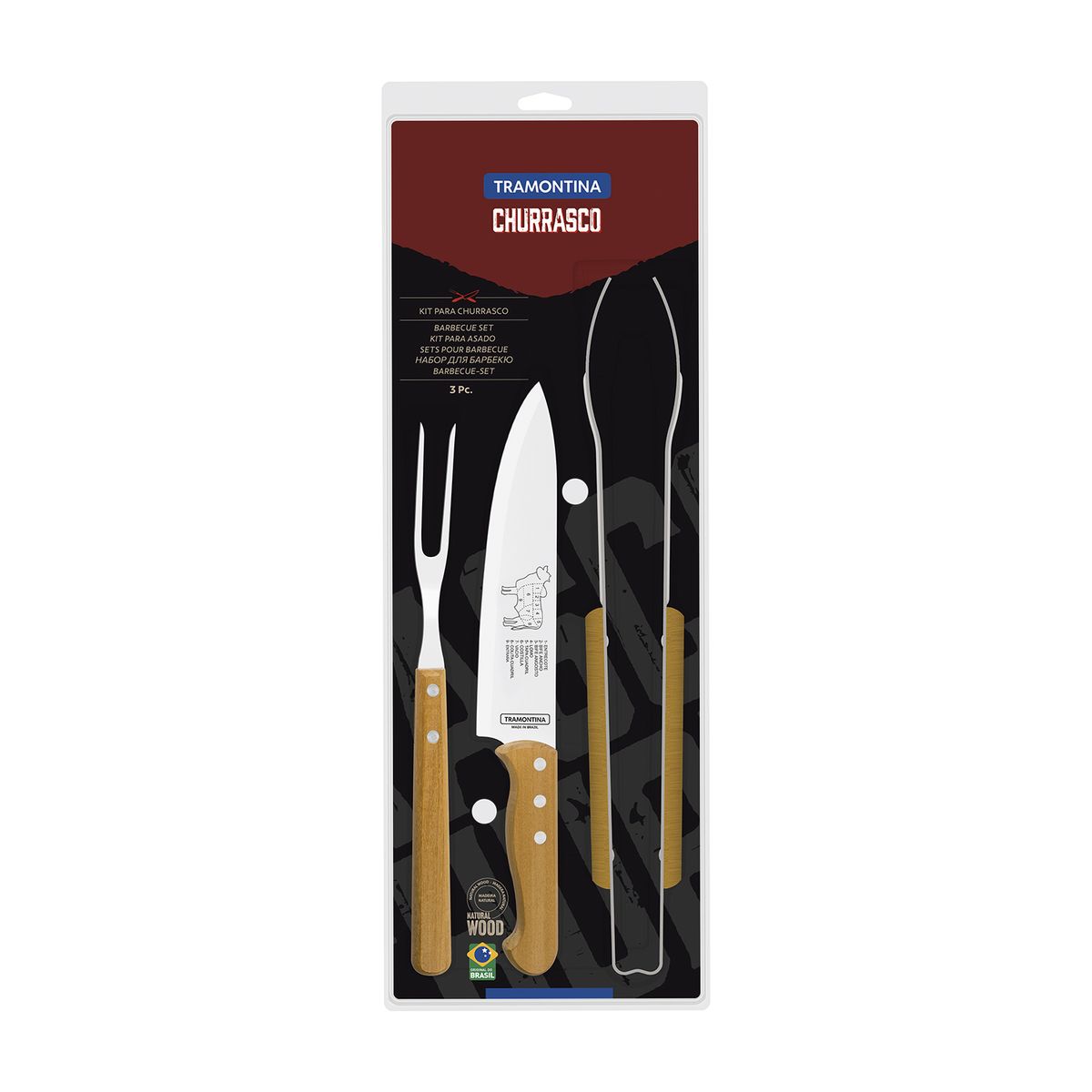 TRAMONTINA - Juego Para Asado Tramontina de acero inoxidable y mangos de madera natural 3 piezas