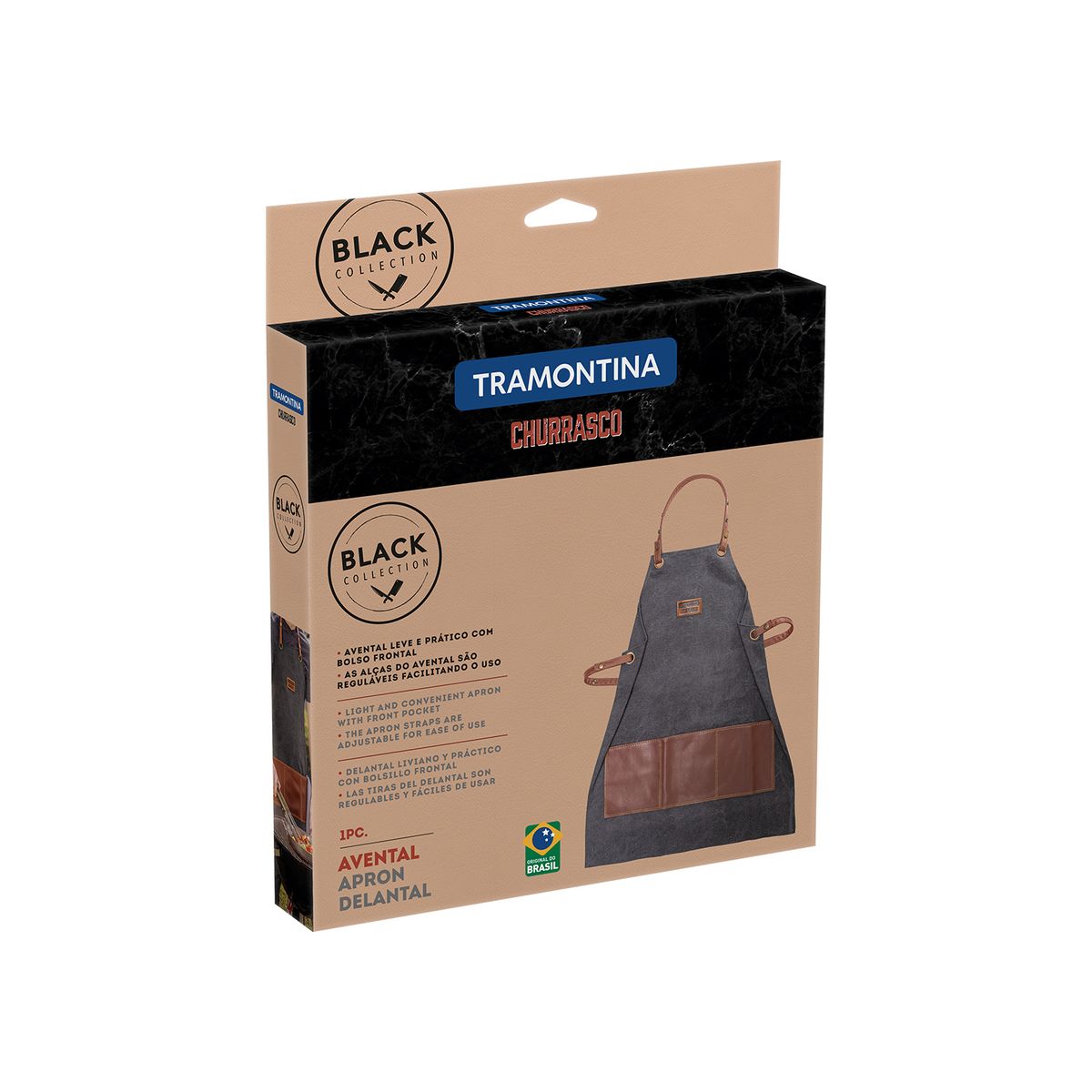 TRAMONTINA - Delantal Tramontina Churrasco negro en tela y piel sintética
