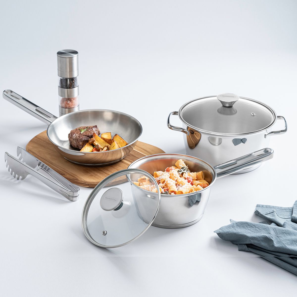 TRAMONTINA - Batería de cocina Allegra acero inoxidable con fondo triple 5 piezas Tramontina