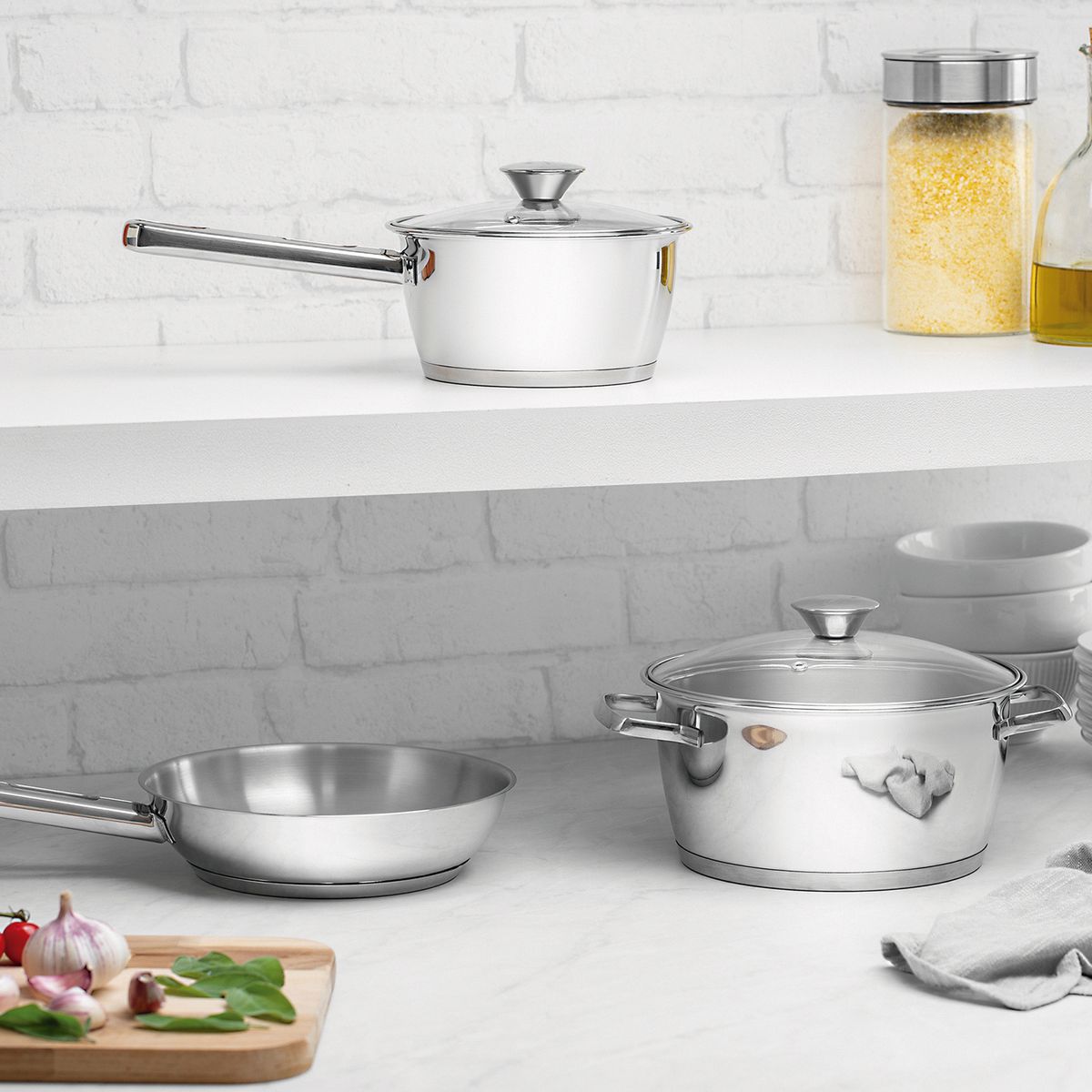 TRAMONTINA - Batería de cocina Allegra acero inoxidable con fondo triple 5 piezas Tramontina