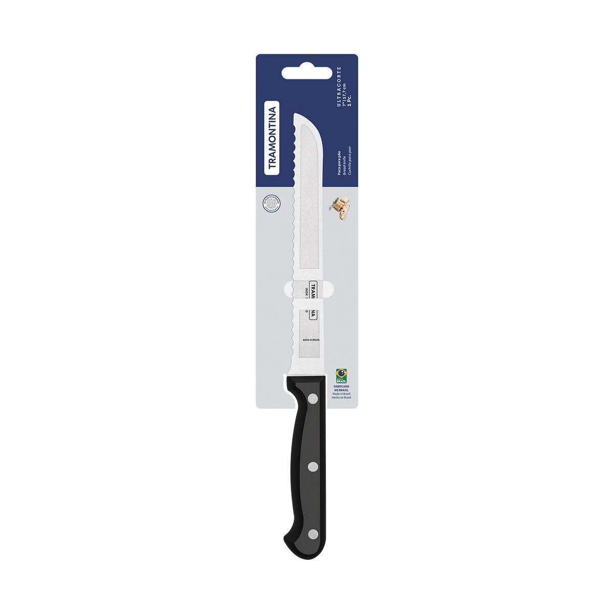 TRAMONTINA - Cuchillo 7" para pan Tramontina Ultracorte de acero inoxidable con mango de polipropileno negro