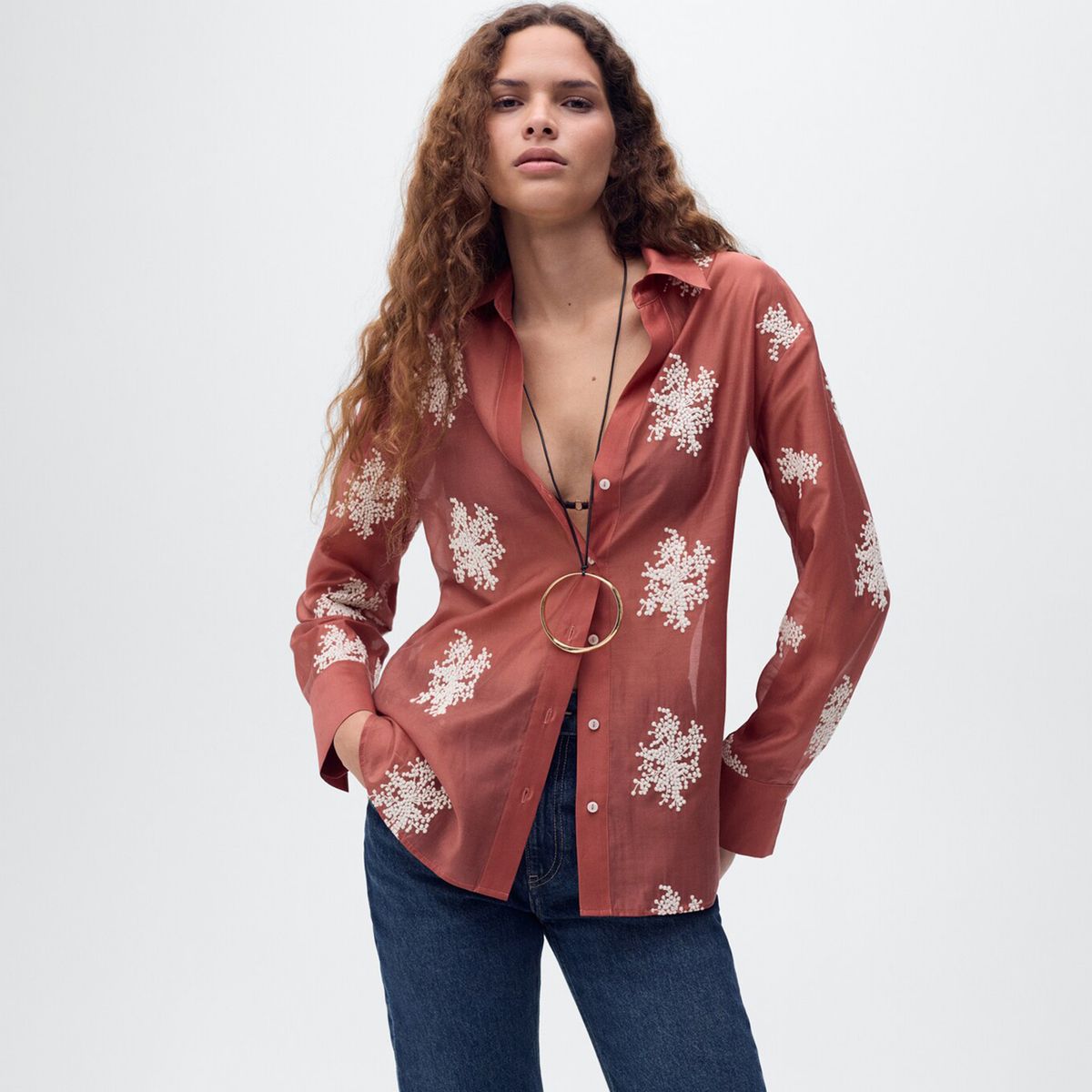 MANGO - Camisa Mujer con Bordado Manga larga MANGO