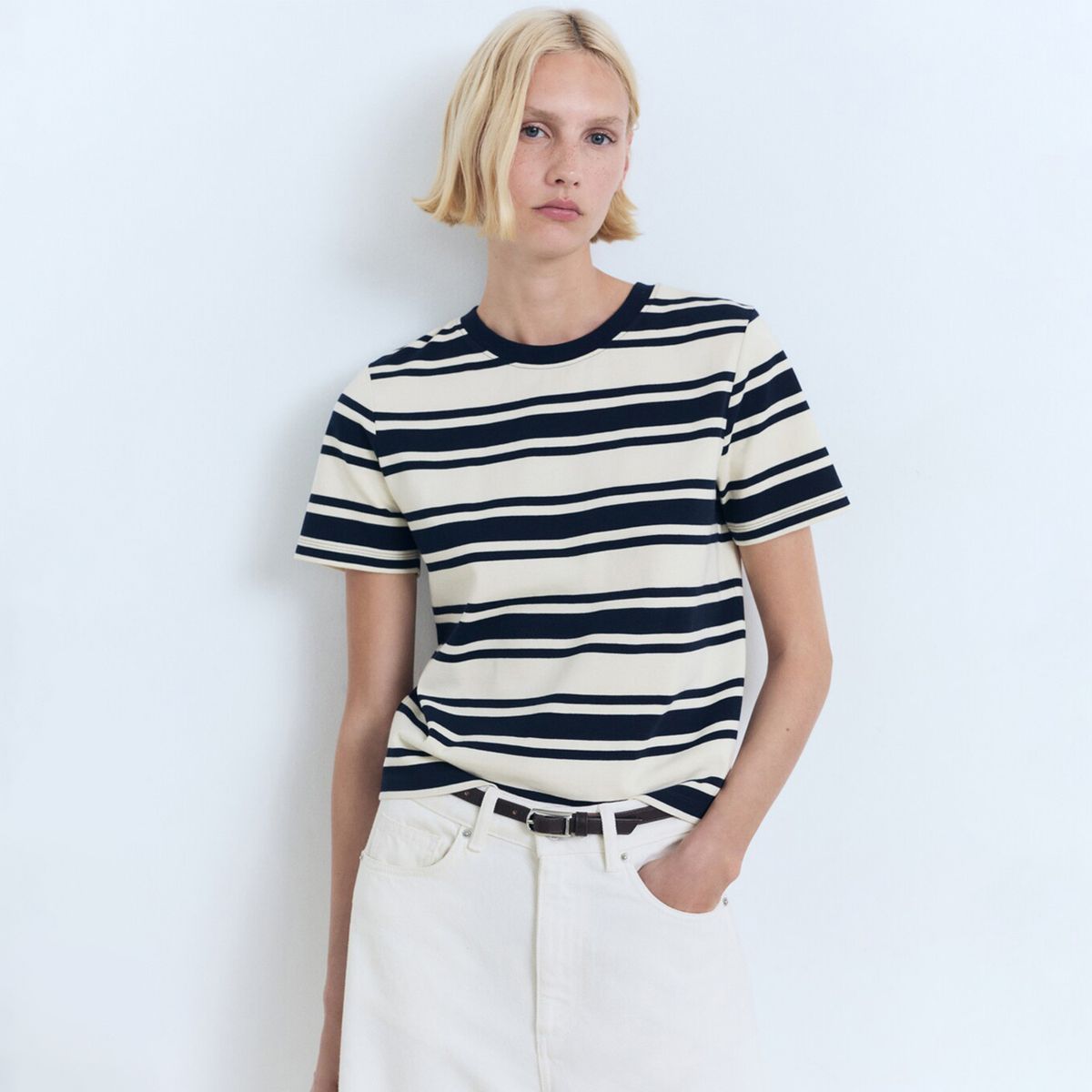 MANGO - Camiseta Mujer de Rayas Manga corta de Algodón Mango