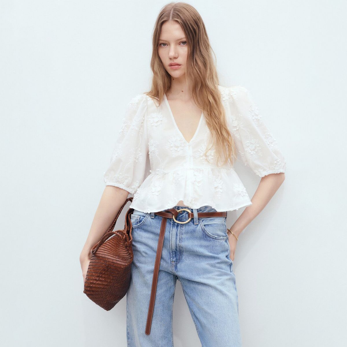 MANGO - Blusa Mujer con Bordado Manga 3/4 de Algodón MANGO