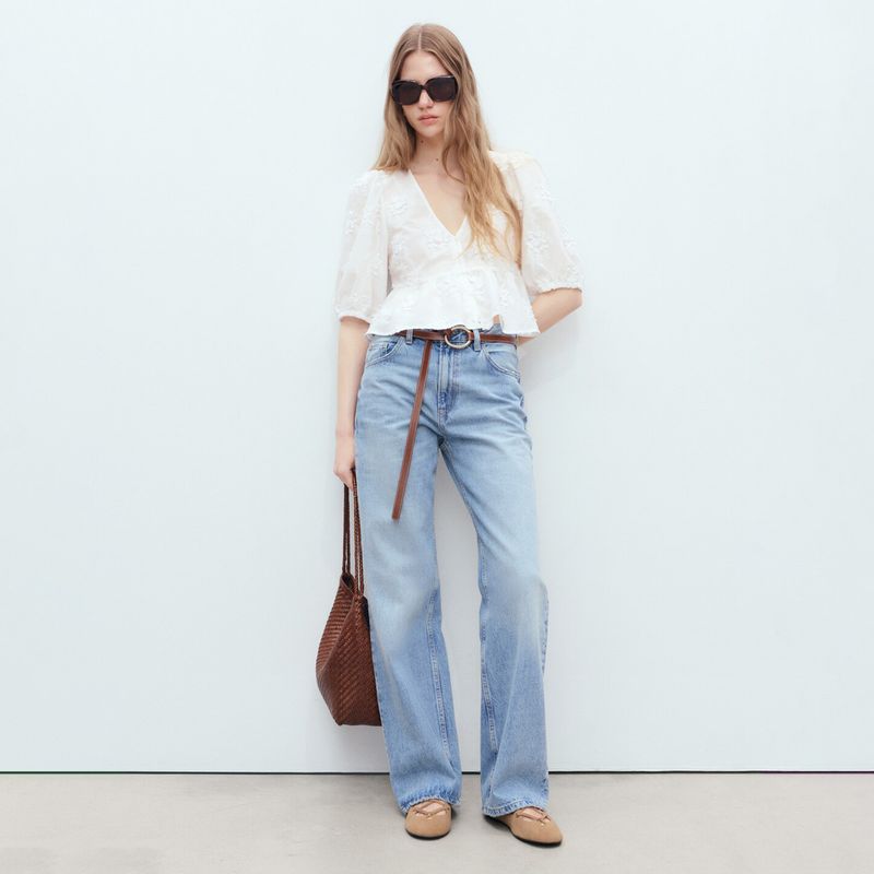 MANGO - Blusa Mujer con Bordado Manga 3/4 de Algodón MANGO