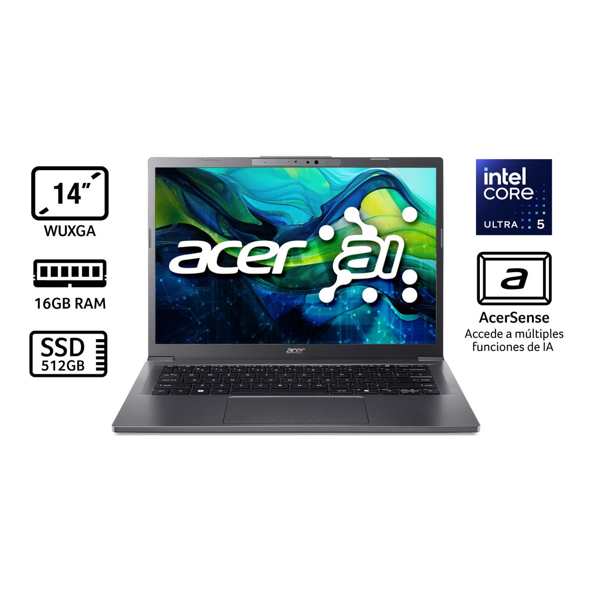 ACER - Portátil Aspire Acer | Intel Core Ultra 5 | 16GB de RAM | 512GB SSD de Almacenamiento | Windows 11 | Pantalla 14 pulgadas| A14-52M-50QU | Computador portátil