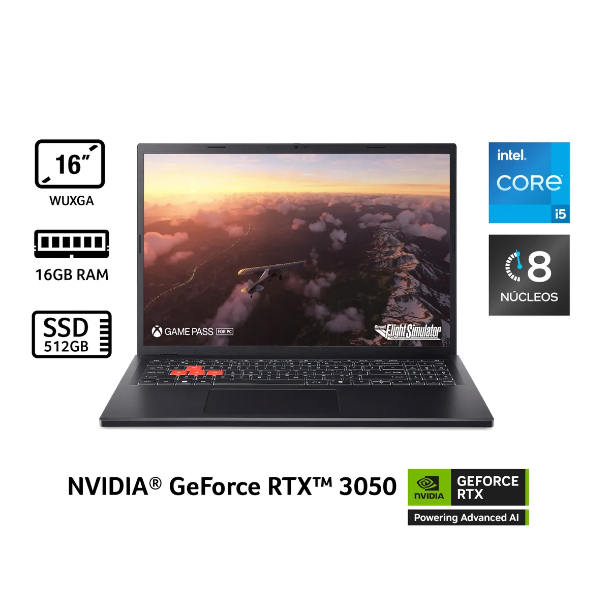 ACER - Portátil Gaming Nitro Lite Acer| GeForce RTX 3050 | Intel Core i5 | 16GB de RAM | 512GB SSD de Almacenamiento | Windows 11 | Pantalla 16 pulgadas | NL16-71G-56QE | Computador Gaming portátil