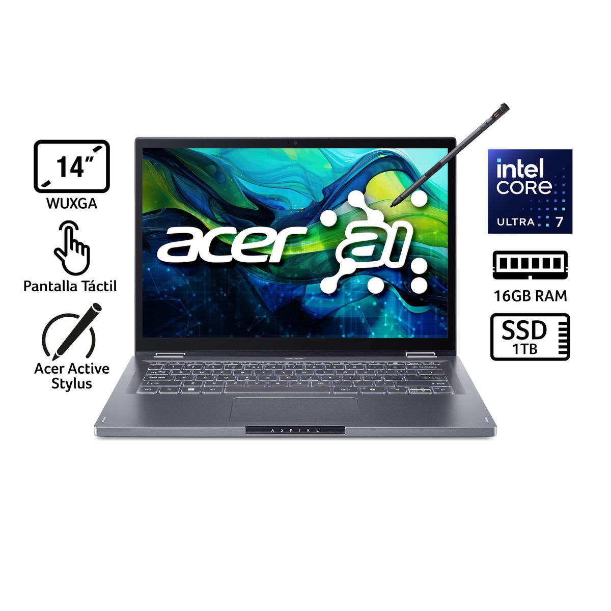 ACER - Portátil Aspire Spin Acer Táctil | Intel Core Ultra 7 | 16GB de RAM | 1TB SSD de Almacenamiento | Windows 11 | Pantalla 14 pulgadas | ASP14-52MTN-70TY | Computador portátil 2 en 1