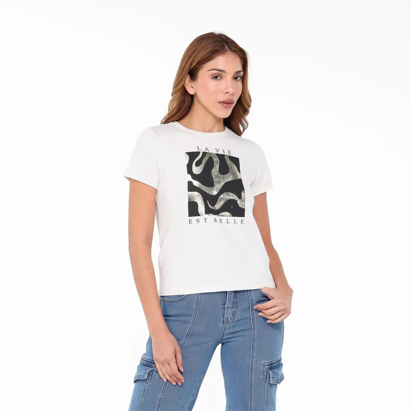 MOSSIMO - Camiseta Mujer con Estampado Manga corta de Algodón Mossimo