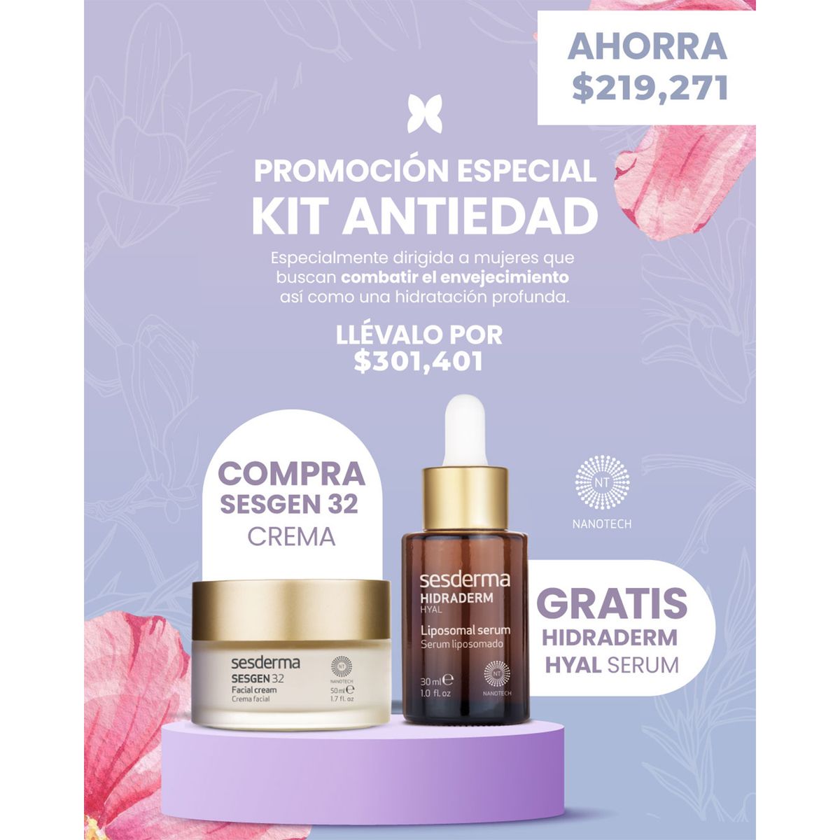 SESDERMA - Set Aceite Promoción Sesgen 32 Crema Hidraderm Hyal Serum Incluye 2 Productos