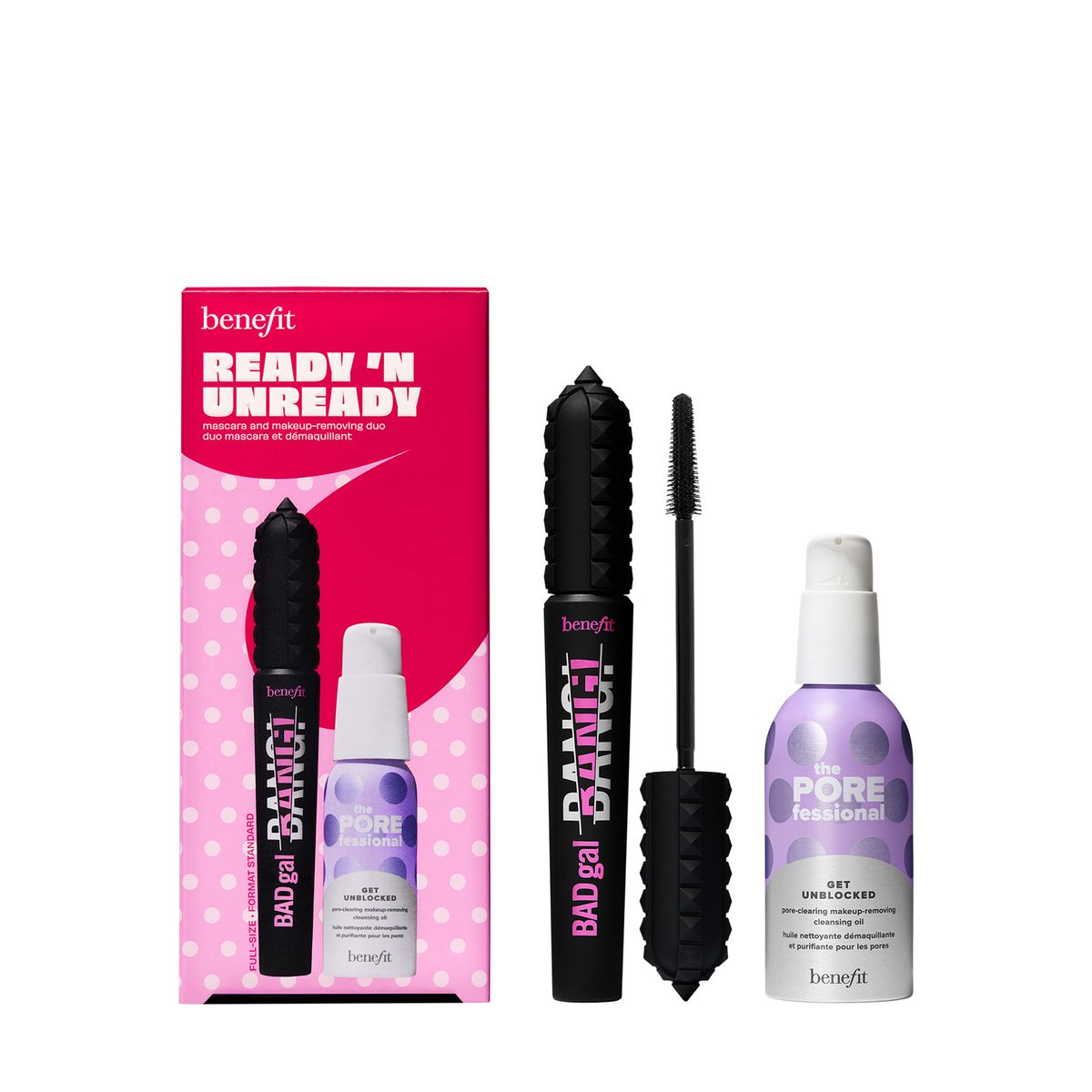 BENEFIT - Set de maquillaje rostro Ready' N Unready Pestañina Badgalbang + Aceite desmaquillante Get unlbocked Benefit Incluye 3 Productos 