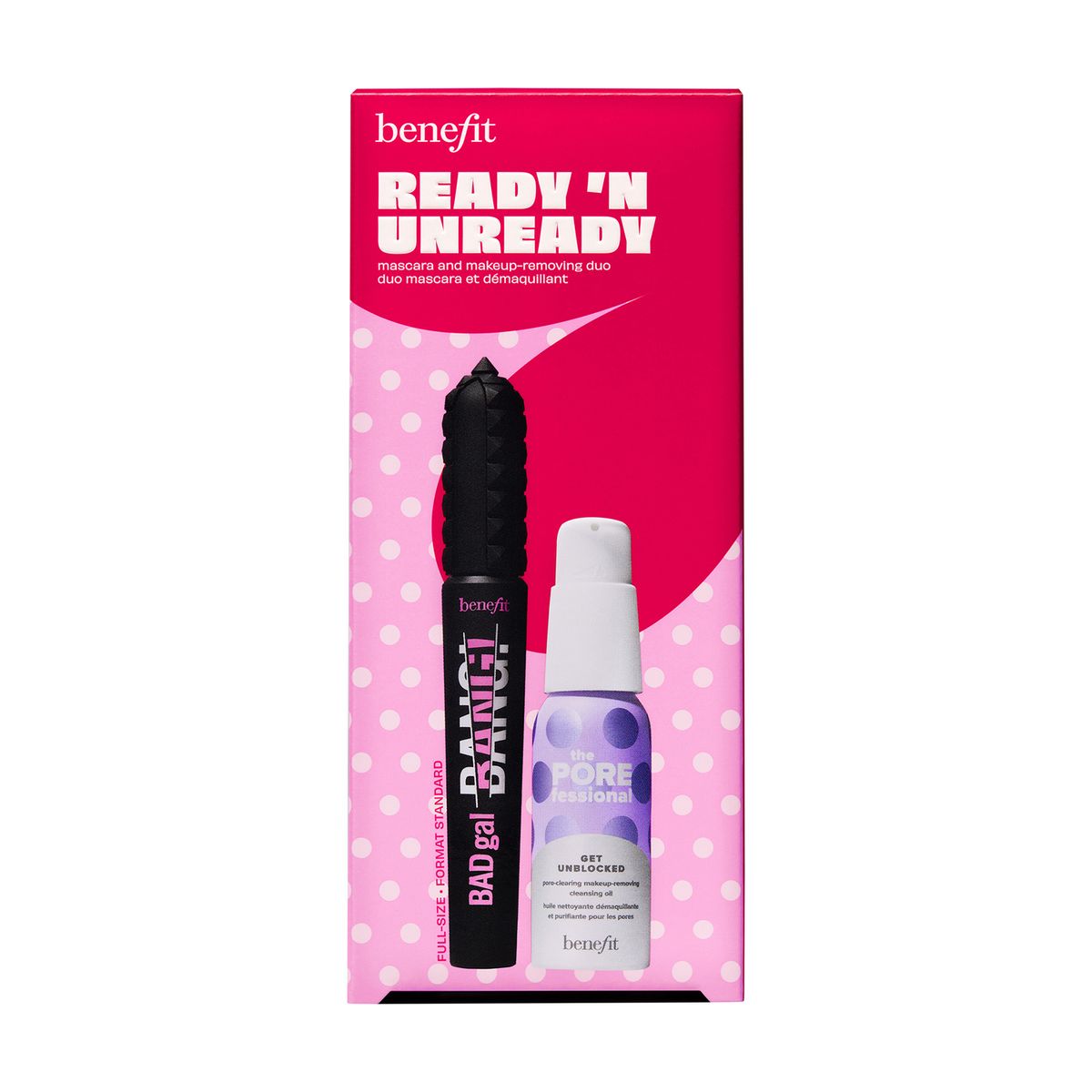 BENEFIT - Set de maquillaje rostro Ready' N Unready Pestañina Badgalbang + Aceite desmaquillante Get unlbocked Benefit Incluye 3 Productos 