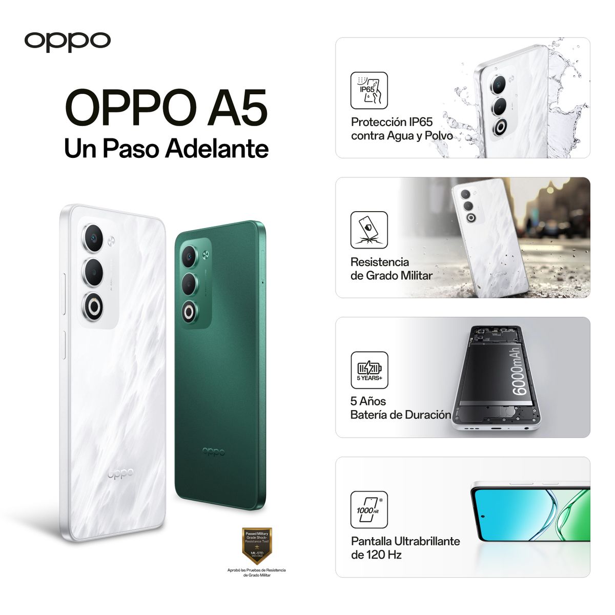 OPPO - Celular OPPO A5 256GB|RAM 4+ 4 GB|Cámara principal 50MP+2MP|Cámara frontal 5MP|Qualcomm snapdragon|IP65| 90Hz|