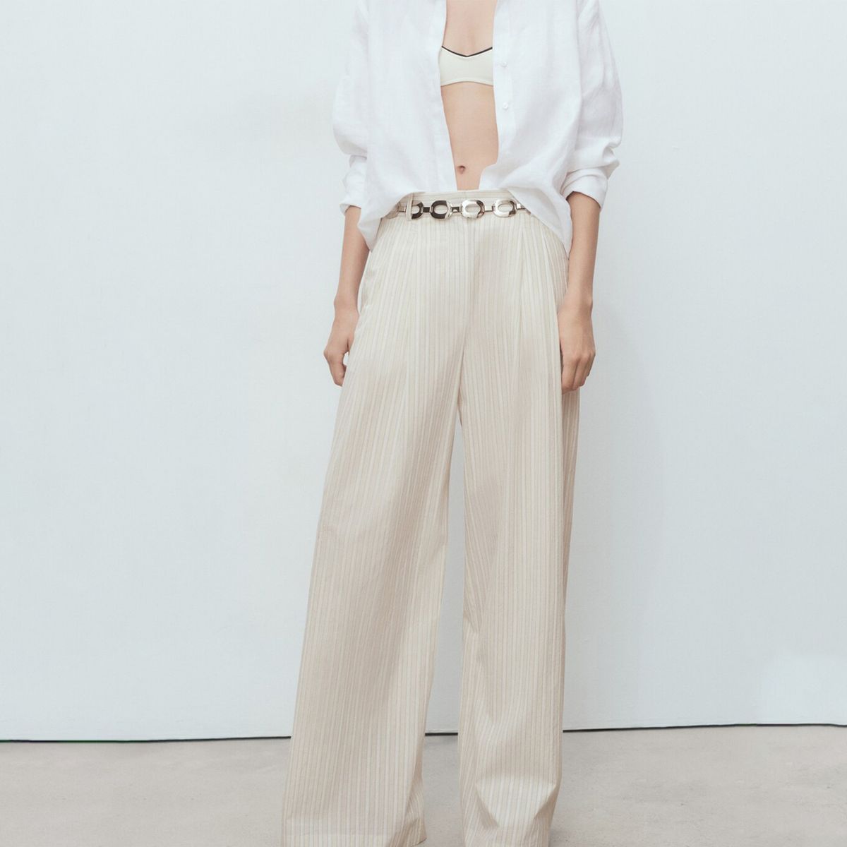 MANGO - Pantalón Wide leg Mujer Tiro medio de Rayas Mango