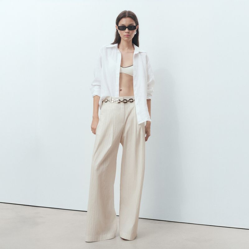 MANGO - Pantalón Wide leg Mujer Tiro medio de Rayas Mango