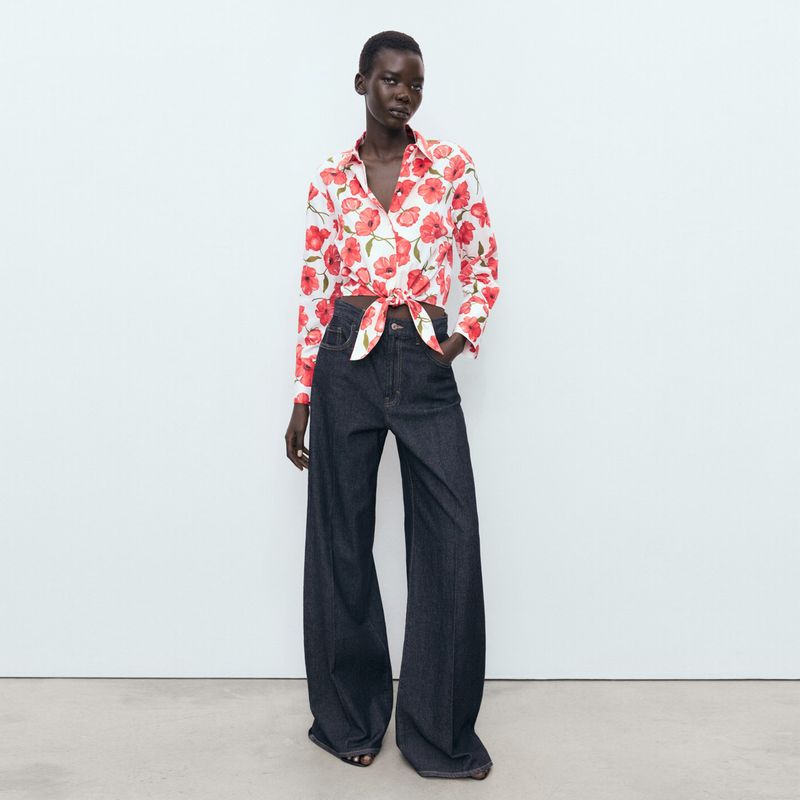 MANGO - Camisa Mujer con Flores Manga larga de Algodón Mango
