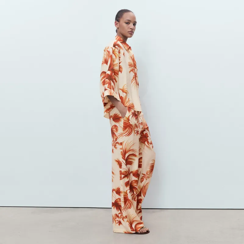 MANGO - Pantalón Recto Mujer Tiro medio con Estampado Mango