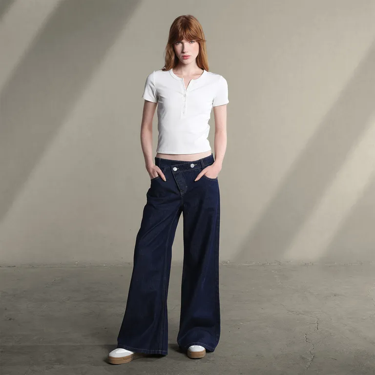 Jean Super Wide leg Mujer Tiro bajo Pretina cruzada Sybilla