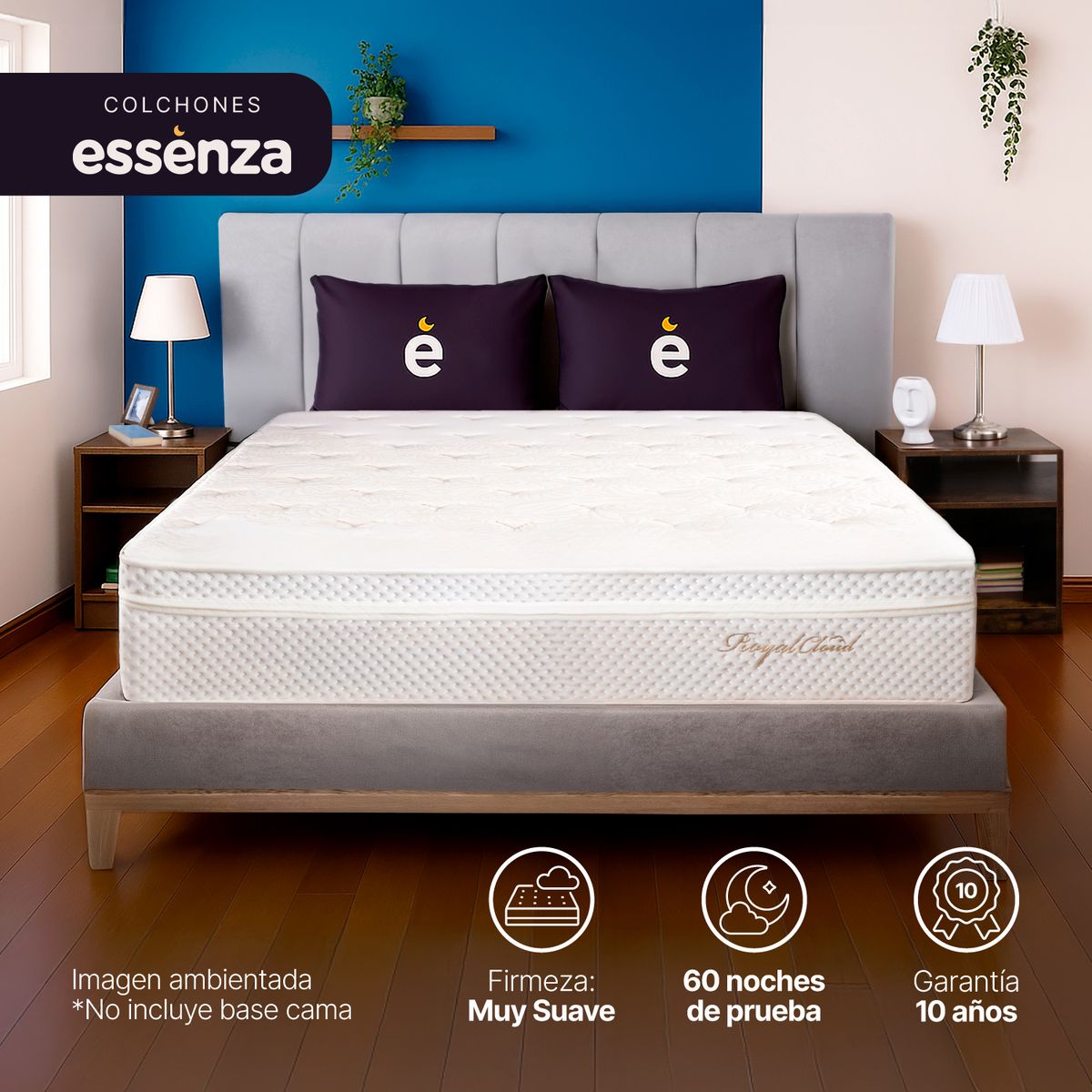 ESSENZA - Colchón King Firmeza Ultra suave Resortes Pocket ROYAL CLOUD 200 x 200 Almohadas ESSENZA