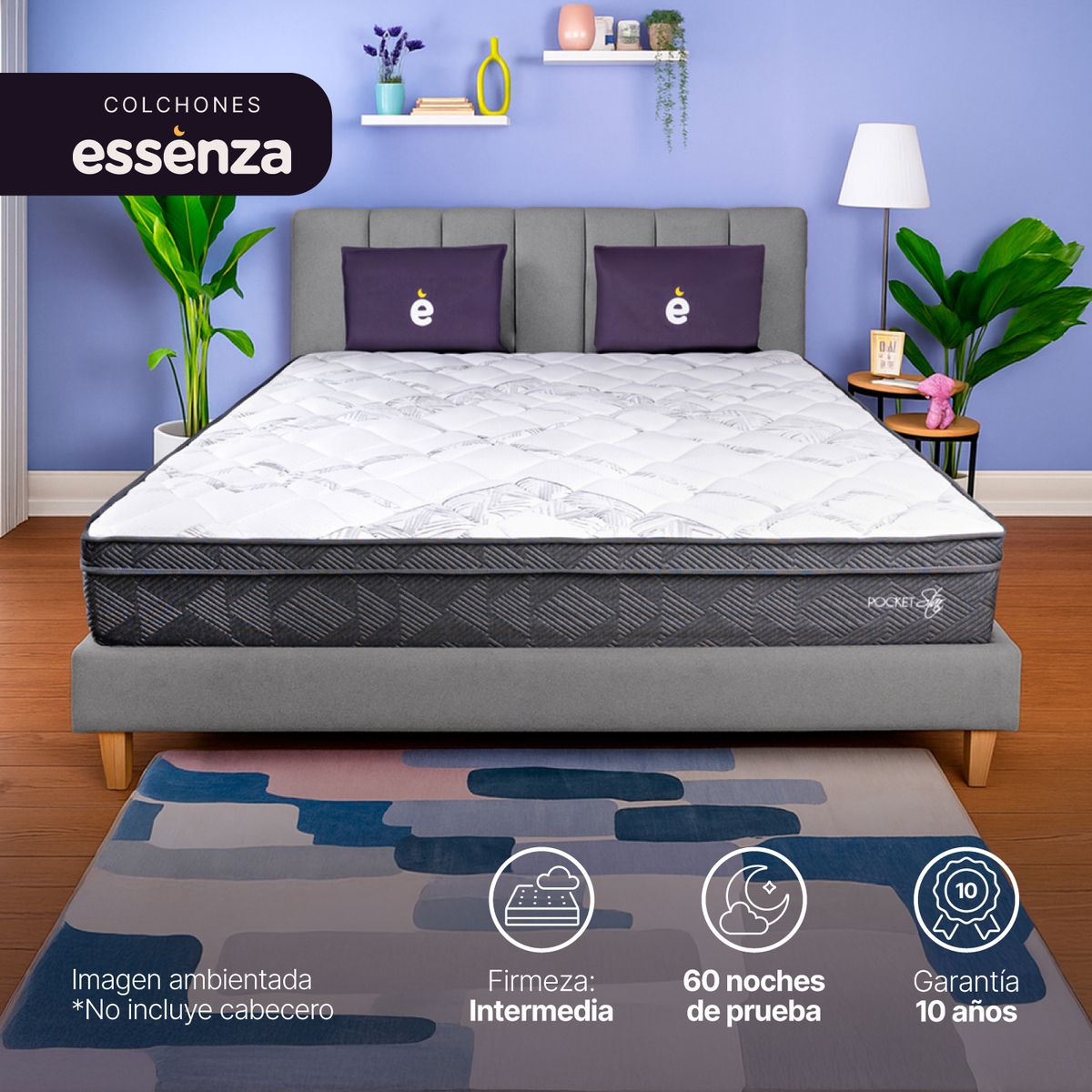 ESSENZA - Colchón con base cama Queen Firmeza Intermedio Resortes Pocket POCKET STAR 160 cm x 190 cm Mueble ESSENZA