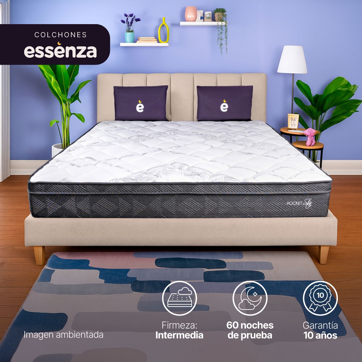 ESSENZA - Colchón con Base Cama King Firmeza Media Ortopédico Resortado Pocket Royal Star 200 x 200 cm + Cabecero Essenza