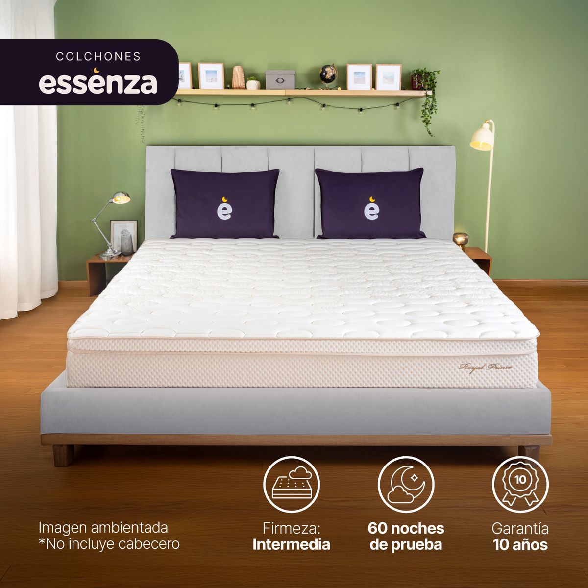 ESSENZA - Colchón con base cama Queen Firmeza Firme Resortes Pocket ROYAL PRINCE 160 cm x 190 cm Mueble ESSENZA