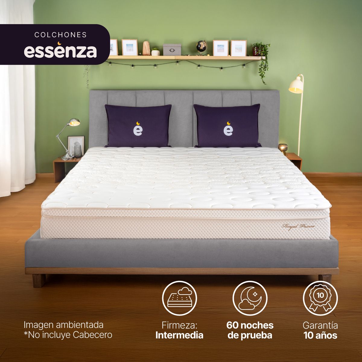 ESSENZA - Colchón con base cama Doble Firmeza Firme Resortes Pocket ROYAL PRINCE 140 cm x 190 cm Mueble ESSENZA