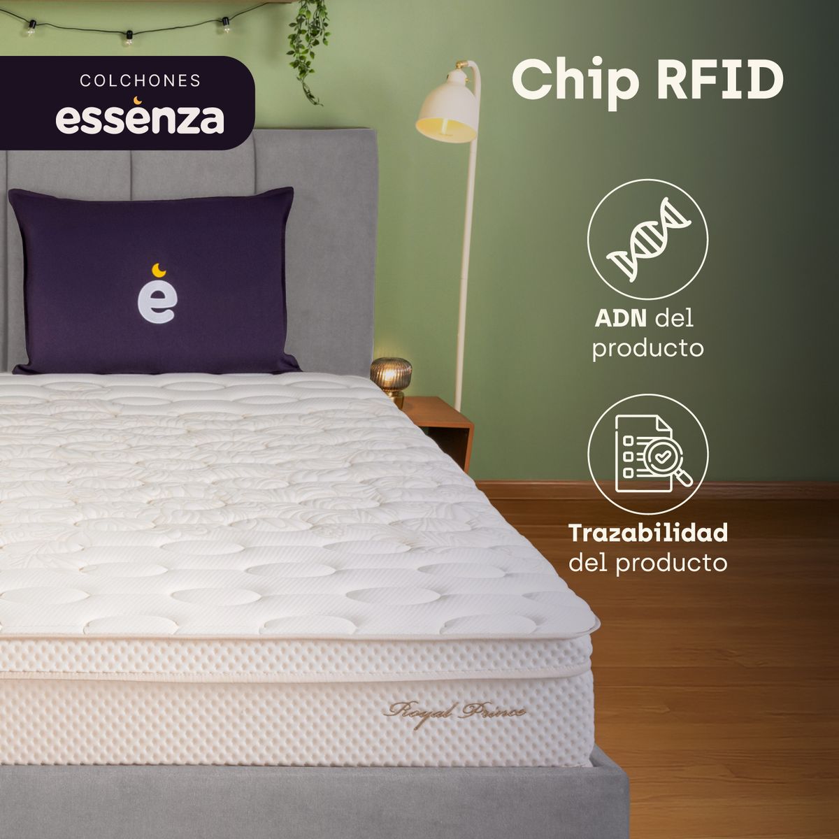 ESSENZA - Colchón con base cama Doble Firmeza Firme Resortes Pocket ROYAL PRINCE 140 cm x 190 cm Mueble ESSENZA
