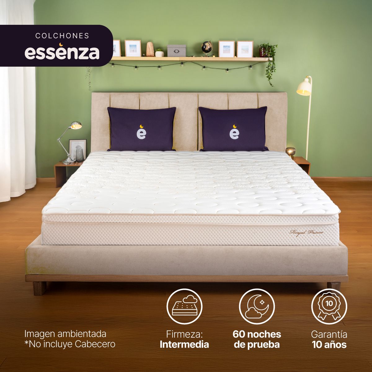 ESSENZA - Colchón con base cama Queen Firmeza Firme Resortes Pocket ROYAL PRINCE 160 cm x 190 cm Mueble ESSENZA