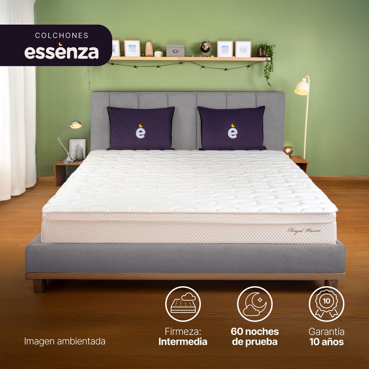 ESSENZA - Colchón con Base Cama King Firmeza Media Ortopédico Resortado Pocket Royal Prince 200 x 200 cm + Cabecero Essenza