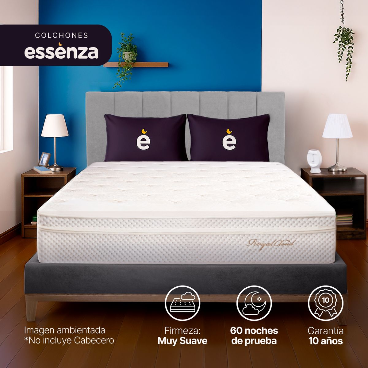 ESSENZA - Colchón con base cama Doble Firmeza Suave Resortes Pocket CLOUD+BASE 14 140 cm x 190 cm Mueble ESSENZA