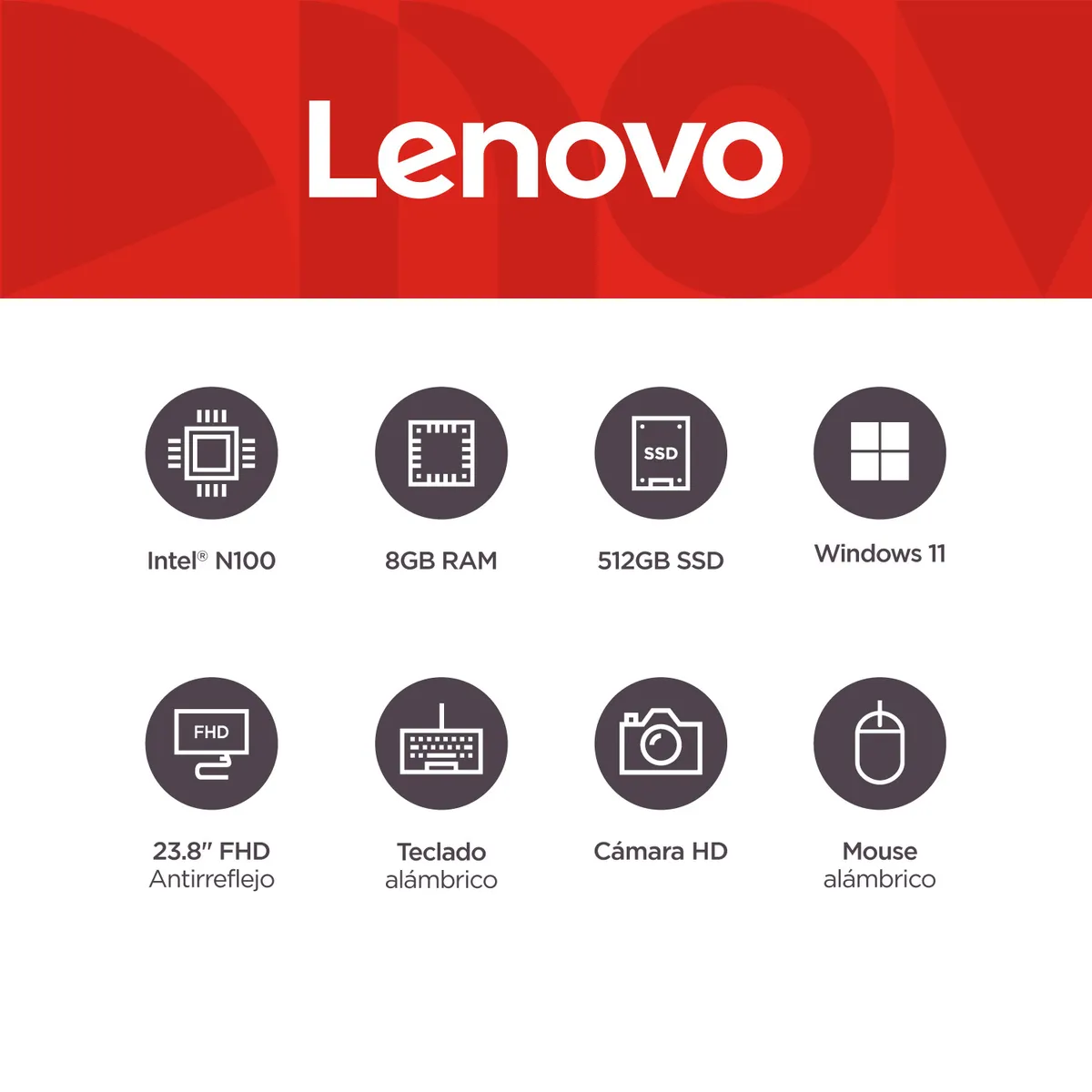 LENOVO - Computador Lenovo A100 | Intel N100 | 8GB de RAM | 512GB SSD de Almacenamiento | Windows 11 | Pantalla 23.8 pulgadas | Incluye Mouse y Teclado | A100 | All In One | Todo en Uno
